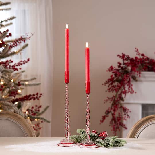 Melrose Red Twisted Glass Taper Candle Holder Set